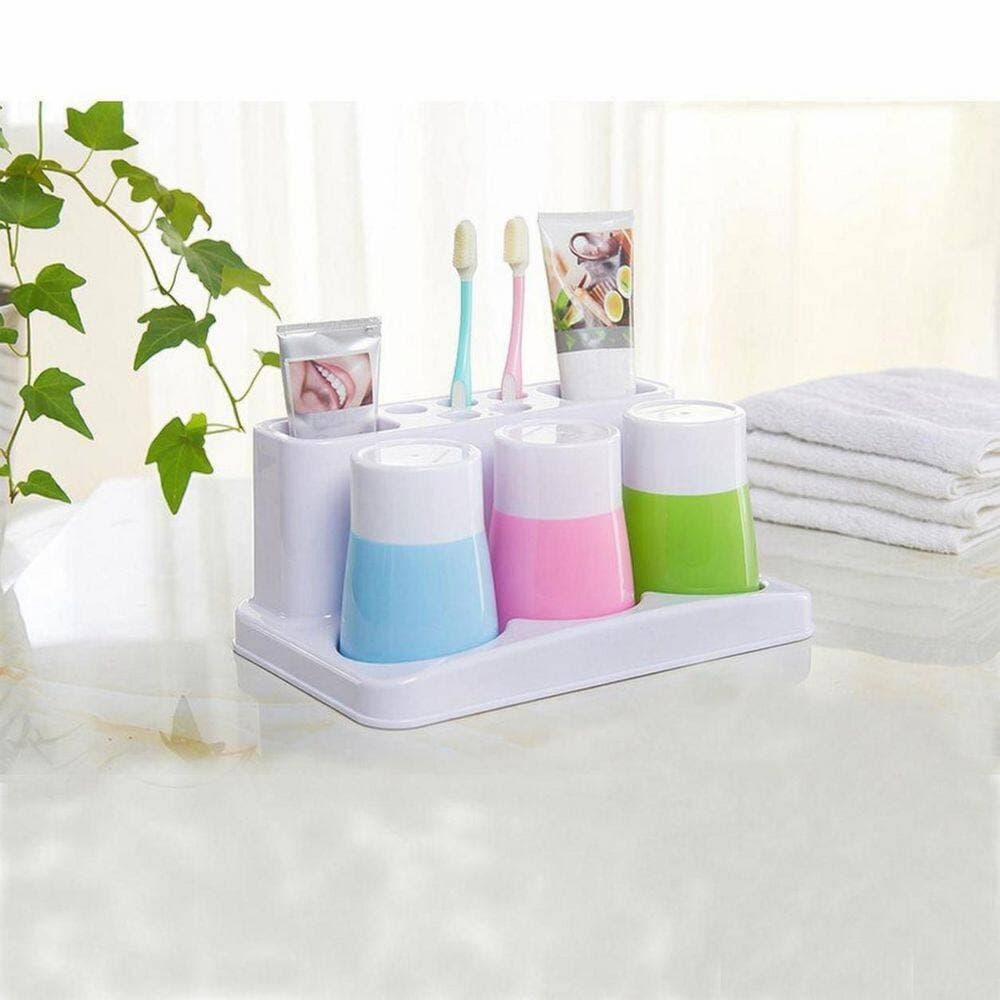 KHKFY Toothbrush and Toothpaste Holder Stand with 5 Brush Slots and 3 Rinse Cups, 9.8 x 6.3 x 4.3 in Bathroom (2)