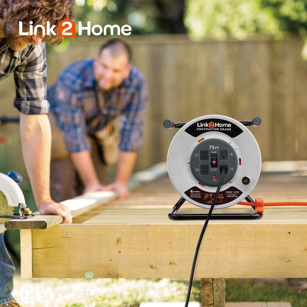 Link2Home 75 ft. 12/3 Extension Cord Storage Reel with 4 Grounded Outlets and Overload Protection (2)