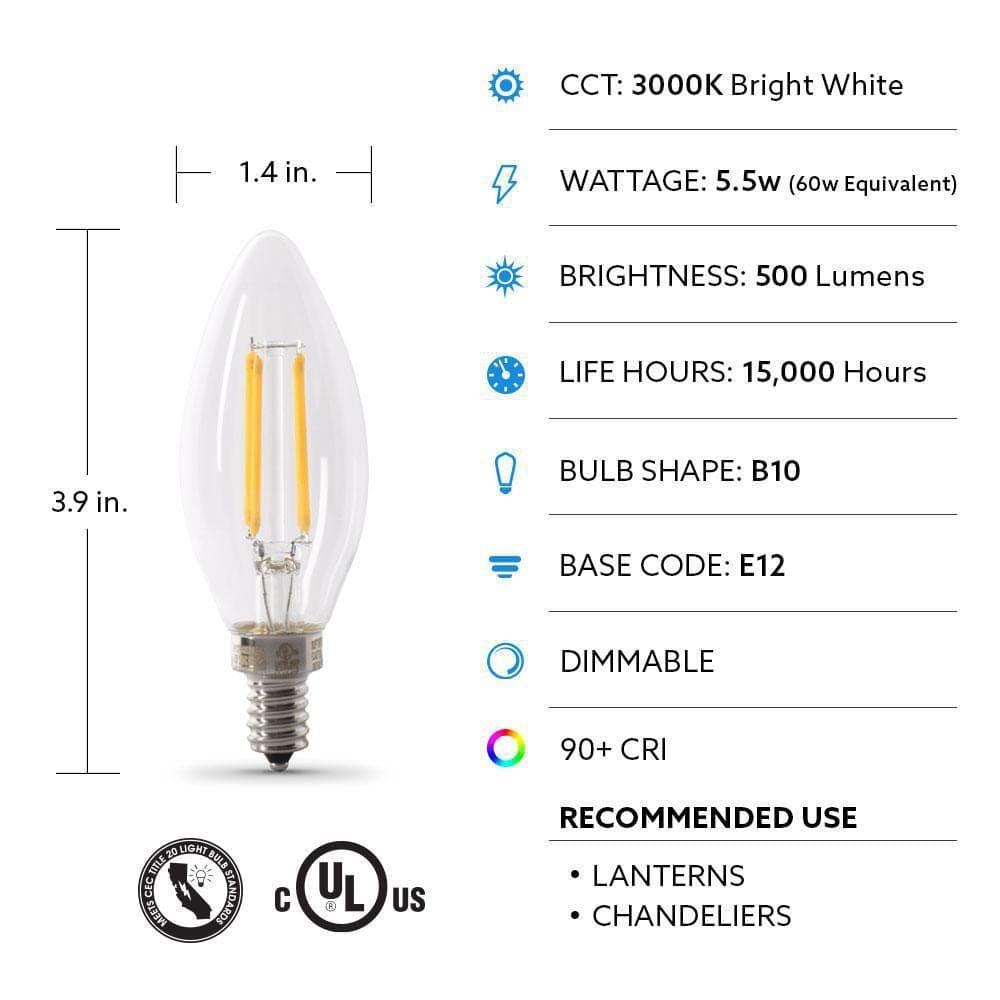 Feit Electric 60-Watt Equivalent B10 E12 Candelabra Dimmable Filament CEC Clear Glass Chandelier LED Light Bulb Bright White (4-Pack) (4)