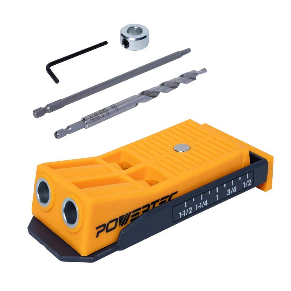 ‎POWERTEC Twin Pocket Hole Jig Kit for Woodworking, Pocket Hole Screw Jig with Drill Bit, Driver Bit, Hex Key & Stop Collar