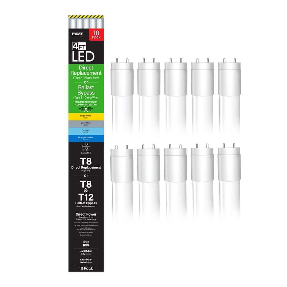 Feit Electric 18-Watt 4 ft. G13 Type AB T8 Plug and Play Or T8/T12 Ballast Bypass Linear LED Tube Light Bulb Selectable White(10-Pack) (1)