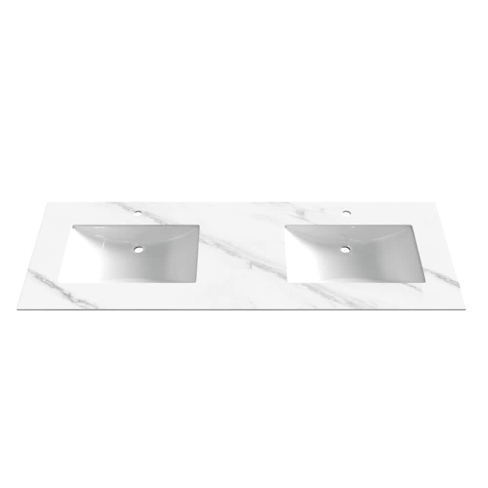 castellousa 72" Porcelain Vanity Top in Carrara White with White Rectangular Double Sink (1)