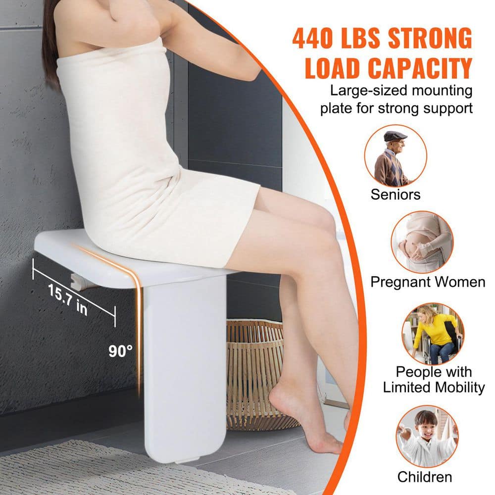 SKYSHALO Folding ABS Shower Seat, 15.7 in. x 16.7 in. Walk in Shower Seat Unfolded, White Wall Mounted Fold Up Shower Bench (3)