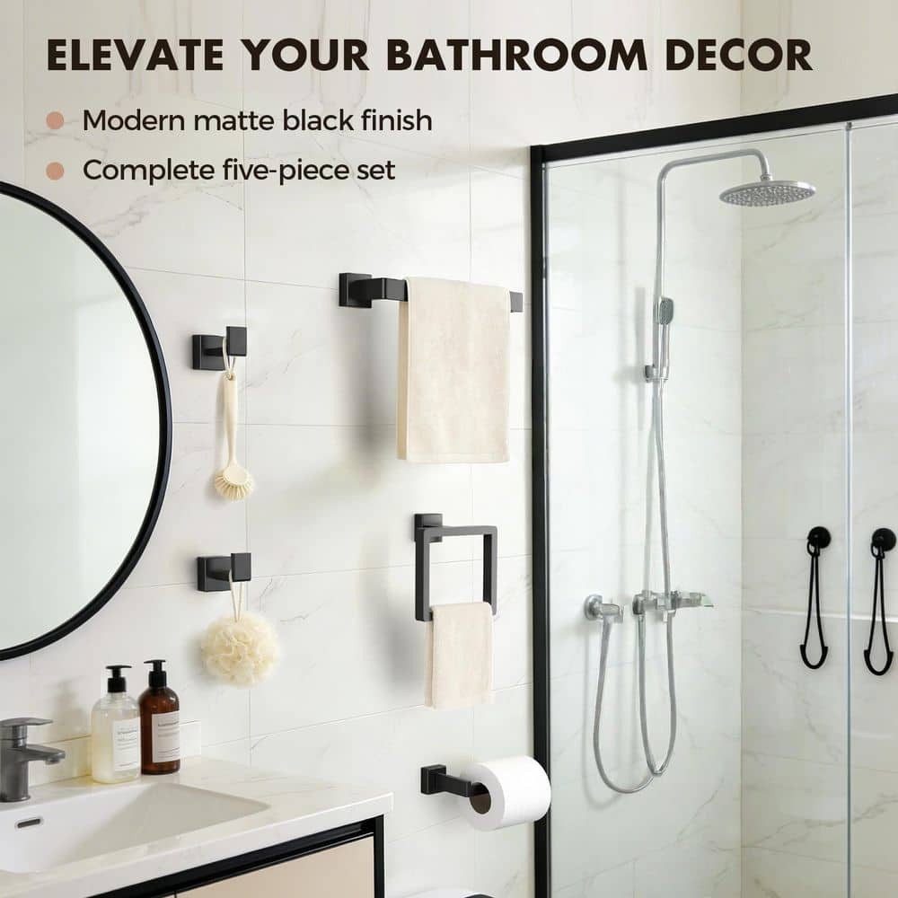 Esepony Stainless Steel Bathroom Hardware Set with Wall Mounted for Organizing Towels, Robes, Toilet Paper, Matte Black (5-Pack) (3)