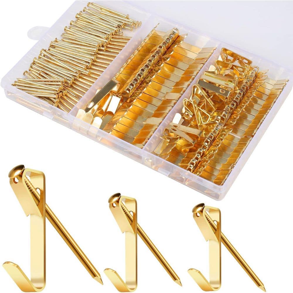 Adrinfly Gold Picture Hanging Kit 184-Pieces 20 lbs. 30 lbs. 50 lbs. Metal Hanging Hooks w/ Nails for Drywall Wooden Wall 1-Pack (1)