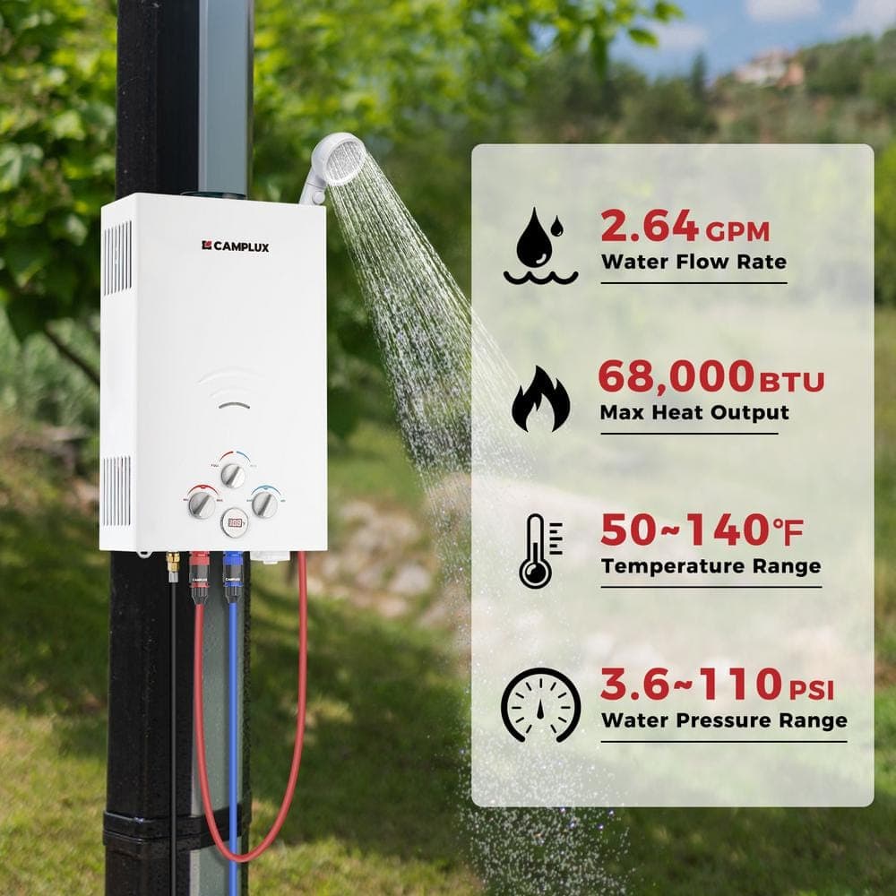 CAMPLUX 2.64 GPM 68,000 BTU Outdoor Propane Tankless Water Heater with LED Display and 3.3 GPM Water Pump Set (3)