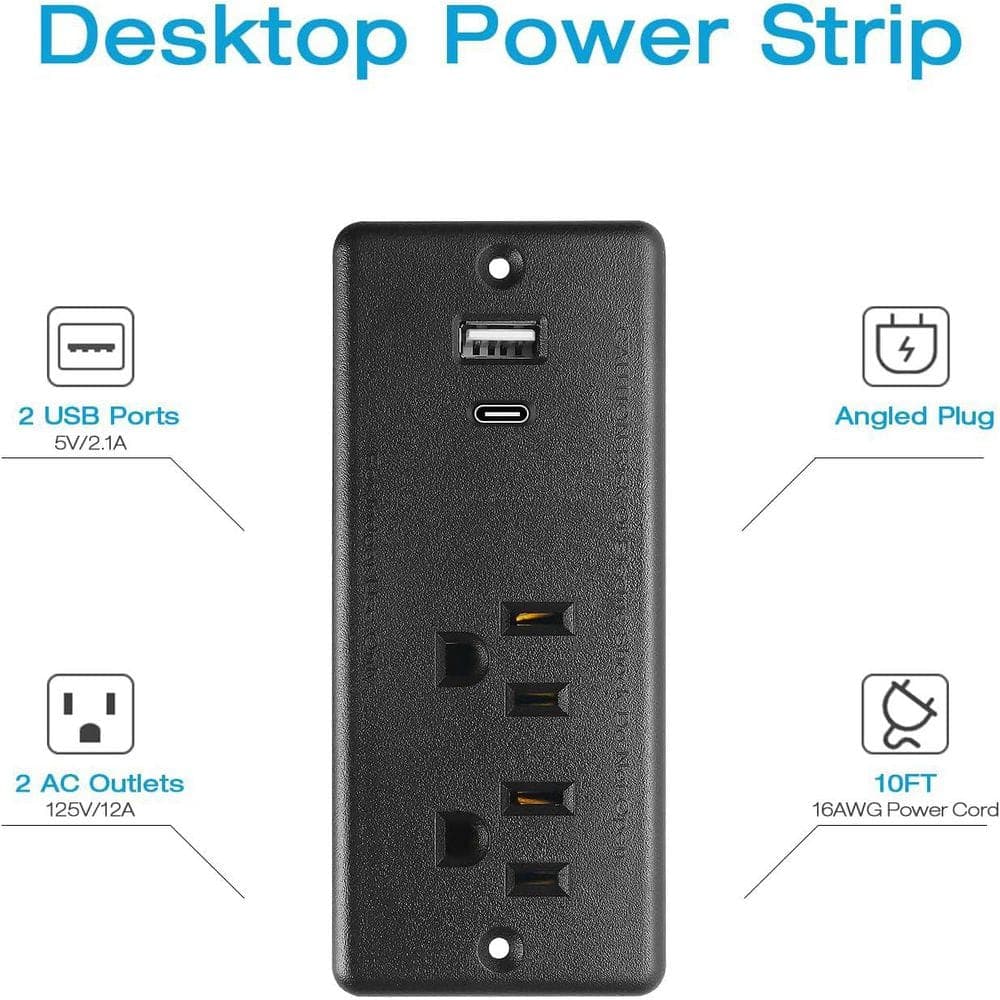OBJLGEV 10 ft Cord 2-Outlet 2 USB-A Ports 1 USB-C Port Surge Protector with Fast Charging Recessed Desk Power Strip (3)