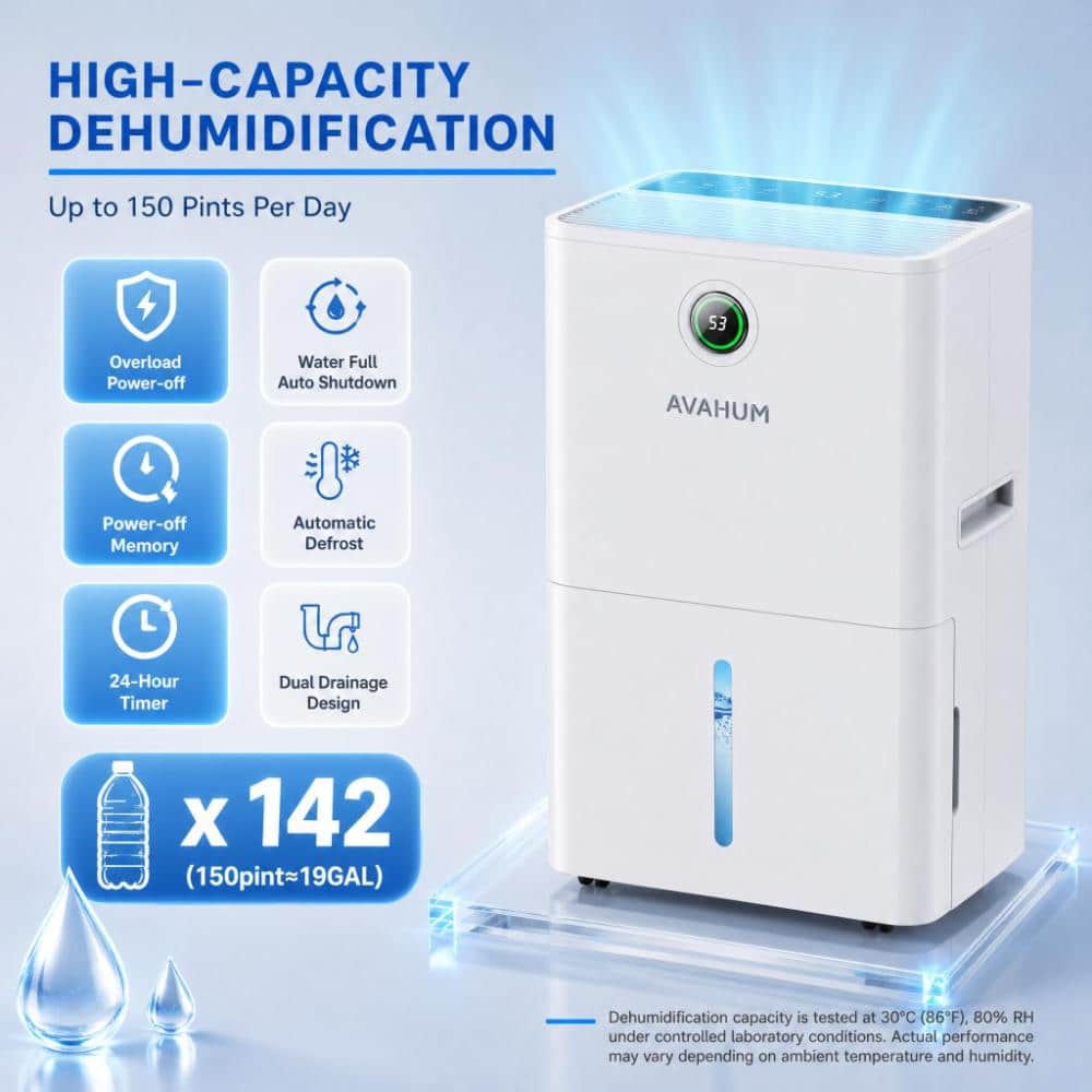 KucyBor 150 pt. 7000 sq.ft Energy Star Dehumidifier in White with Pump, Drain Hose, 2.1 Gal Tank, Timer (2)