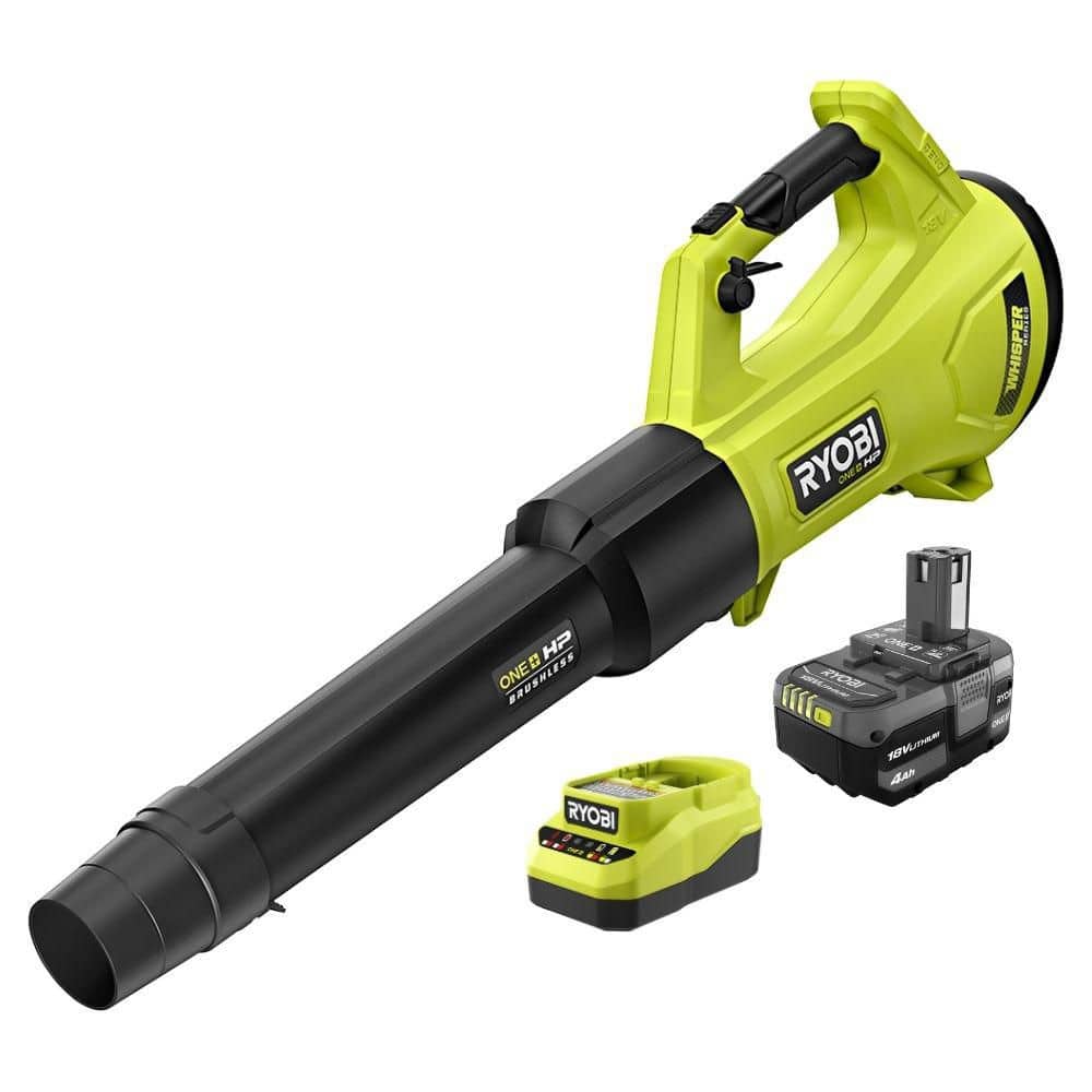RYOBI ONE+ HP 18V Brushless Whisper Series 130 MPH 450 CFM Cordless Battery Leaf Blower with 4.0 Ah Battery and Charger