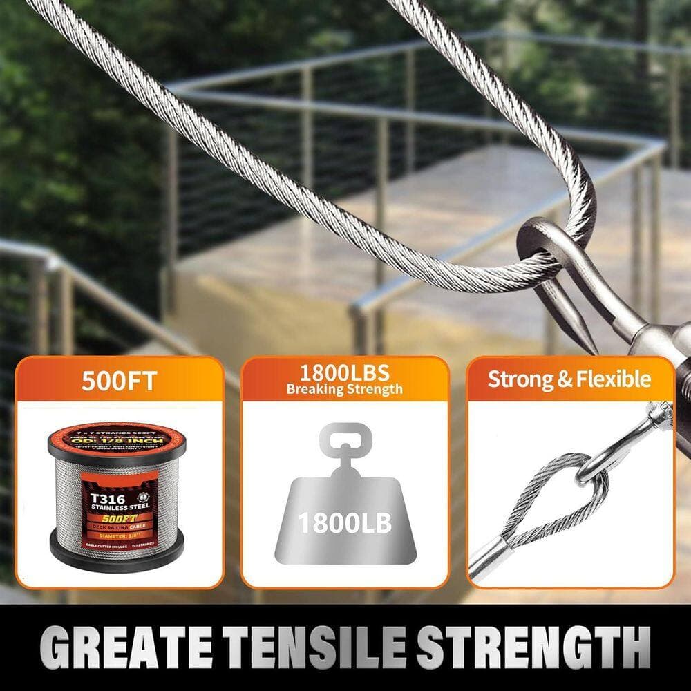 Afoxsos 6000 in H x .125 in. W 500 ft. 1/8 in.  Stainless Steel Wire Rope for Deck Railings and DIY Projects (3)