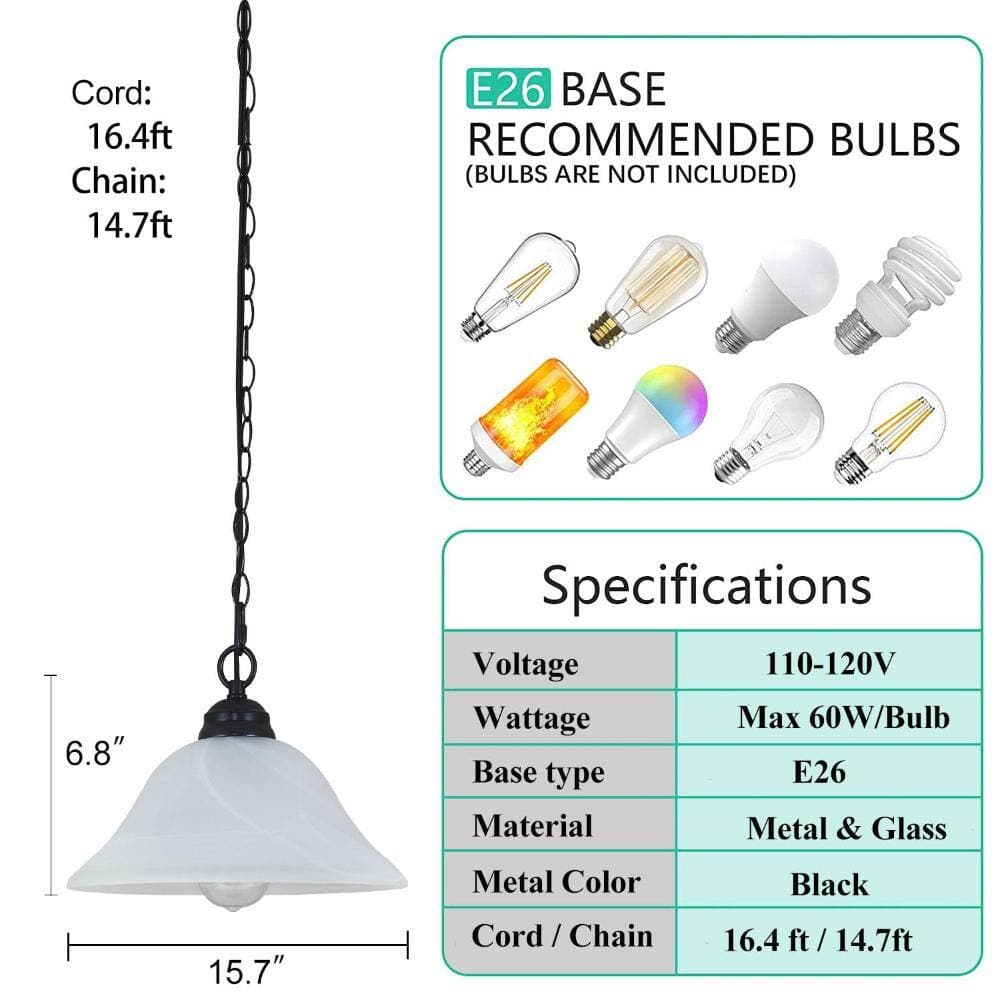Unbranded Alabaster Glass Swag Pendant Light 15.7 in Shade with 16.4 ft Cord, 14.7 ft Chain, E26 Dimmable Socket (3)