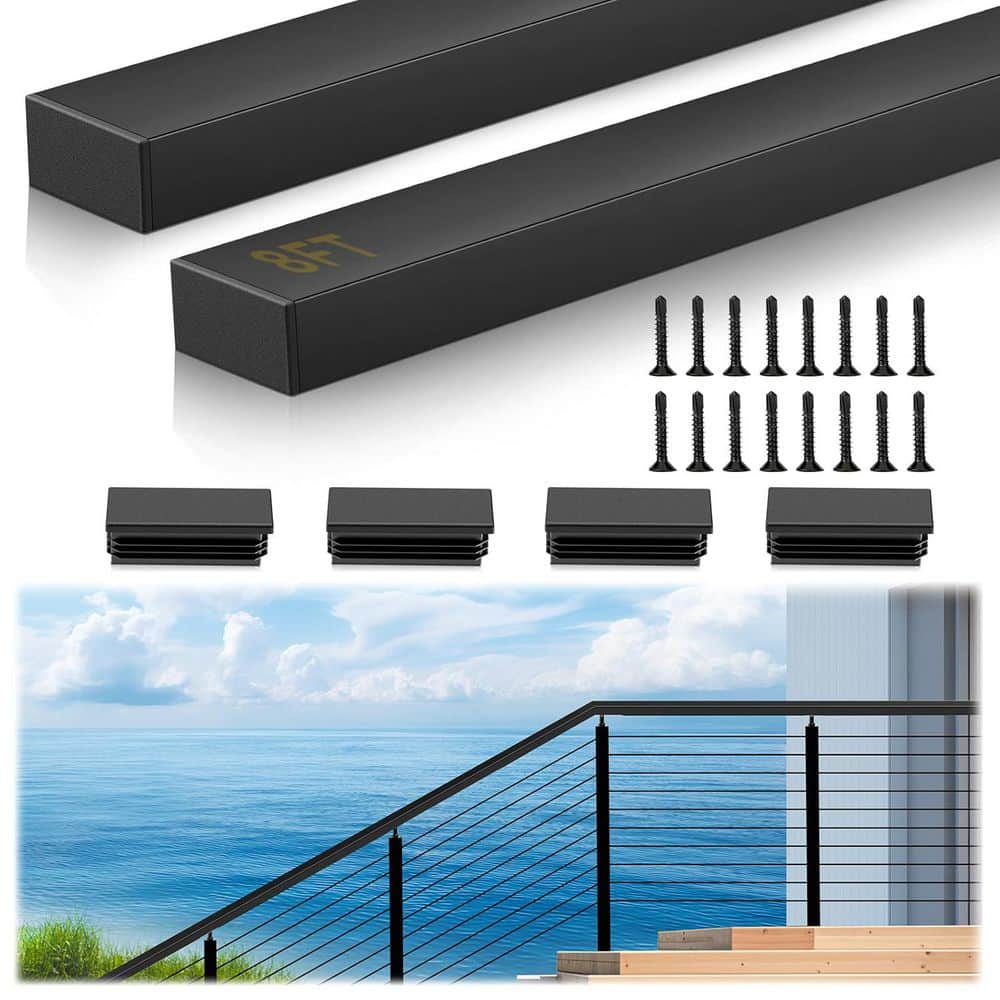 KIWDZFU 2.36 in. H x 96 in. W Black Aluminum Rectangular Handrail, Coastal Projects, DIY, Stair Railing Kit, 8 Nylon End Caps (1)