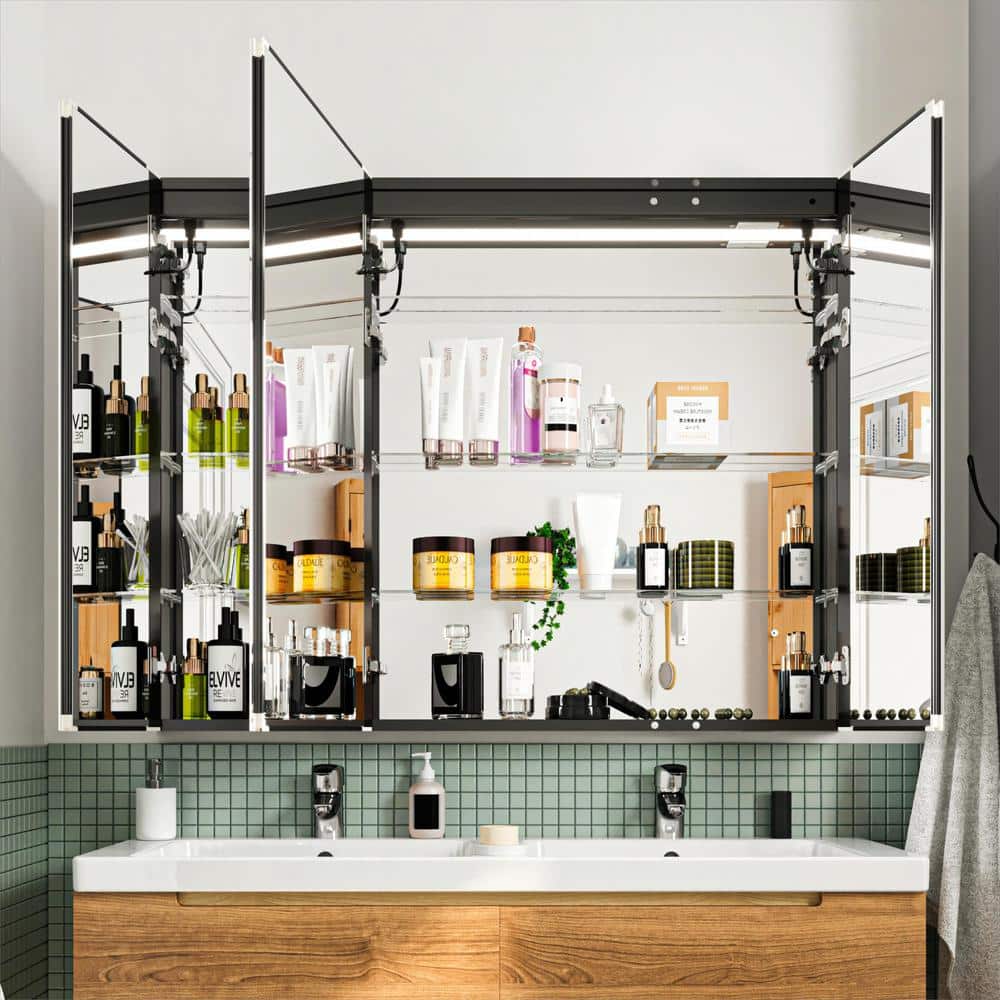TOOLKISS 48 in. W x 36 in. H Rectangular Black Aluminum LED Recessed/Surface Mount Medicine Cabinet with Mirror (2)