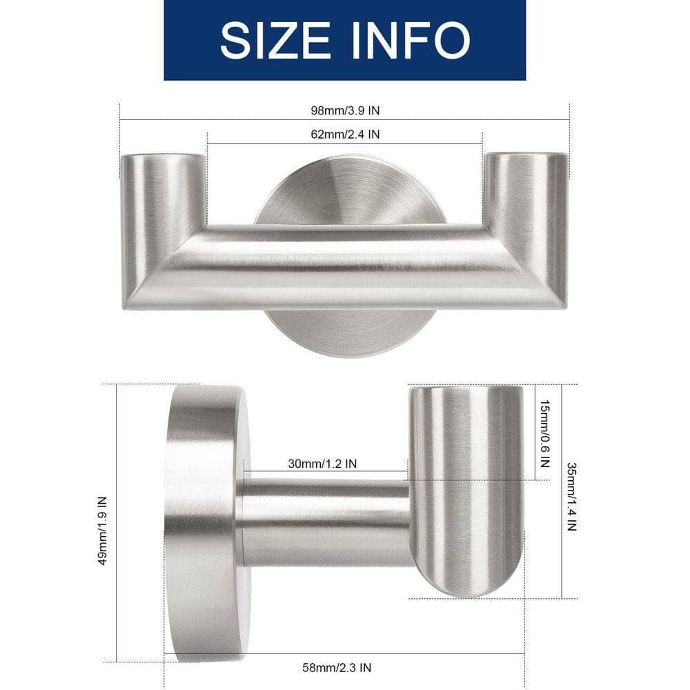Unbranded 2-Pack Brushed Nickel SUS304 Stainless Steel Double Wall Drill Towel Robe Coat J-Hook Double Robe/Towel Hook (3)