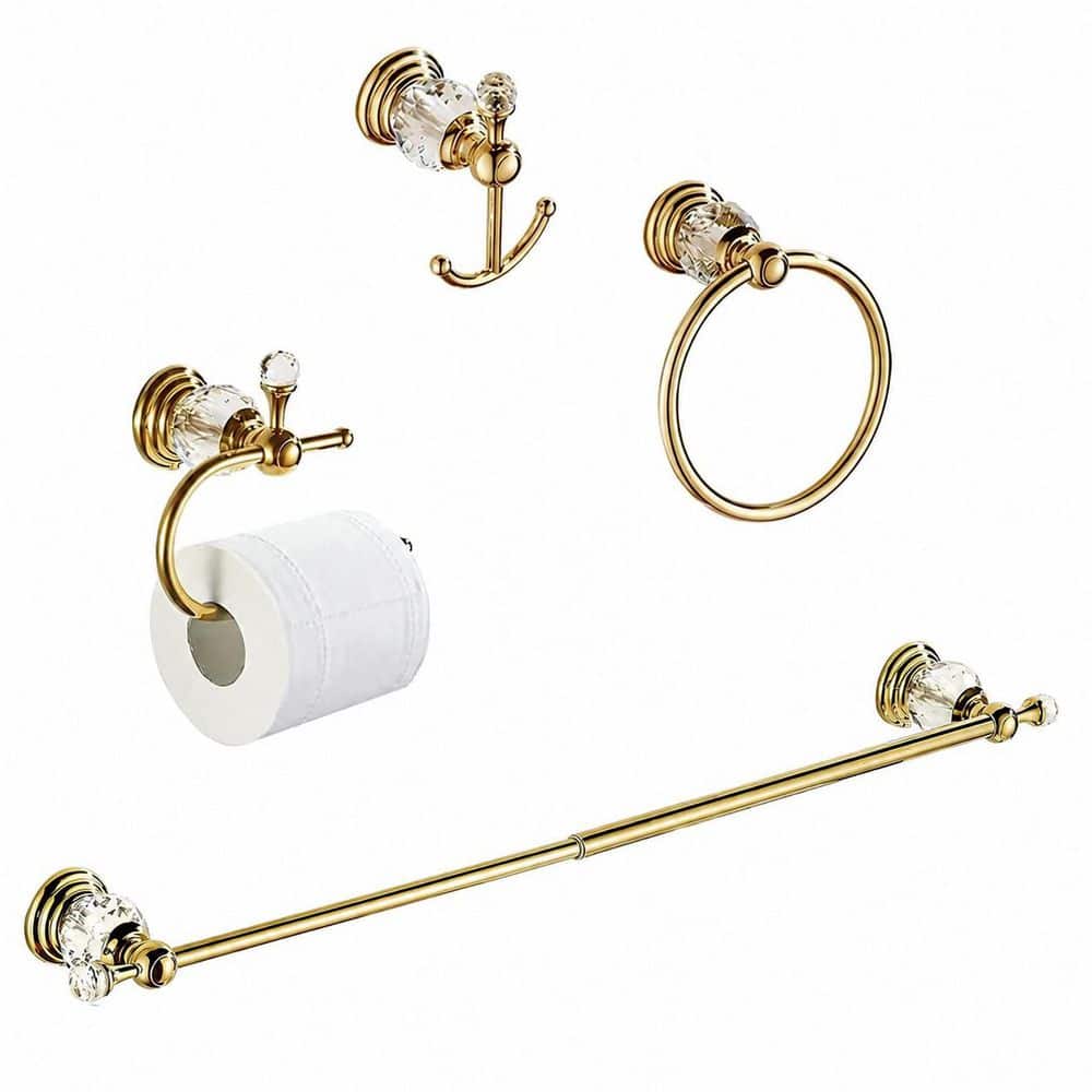 Unbranded 4-Piece Polished Gold Brass Crystal Wall-Mounted 25.2 in. Bathroom Towel Bar Hardware Accessory Set Kit (1)