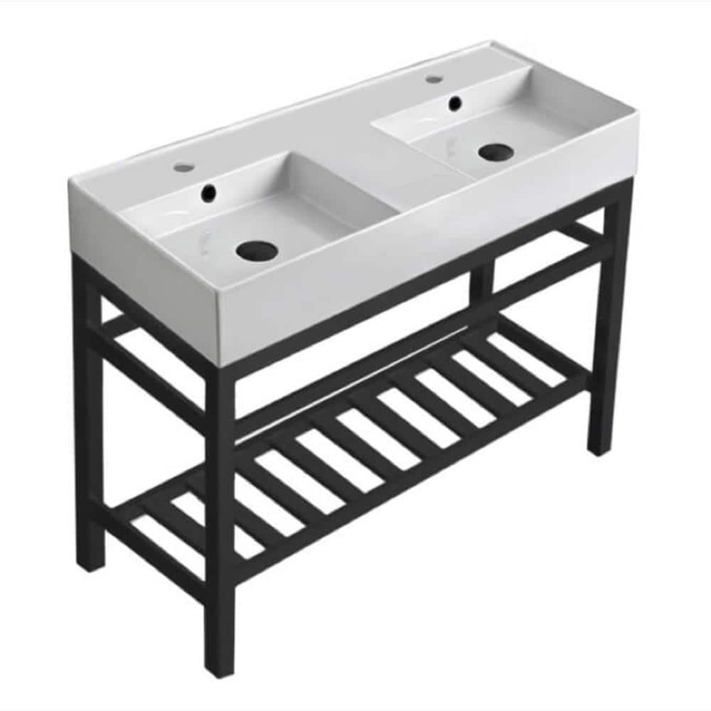 Nameeks Teorema 2-Ceramic White Console Double Sink and Leg Combo in Matte Black (1)
