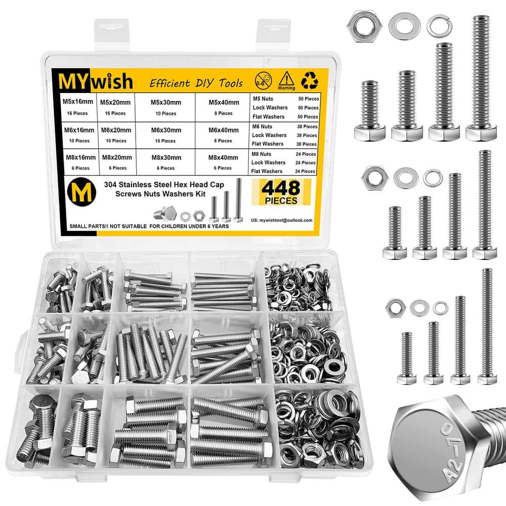 MYWISH 448-Piece M5 M6 M8 Hex Head Bolt, Nut and Washer Assortment Kit, 304-Stainless Steel Nut Bolt Set