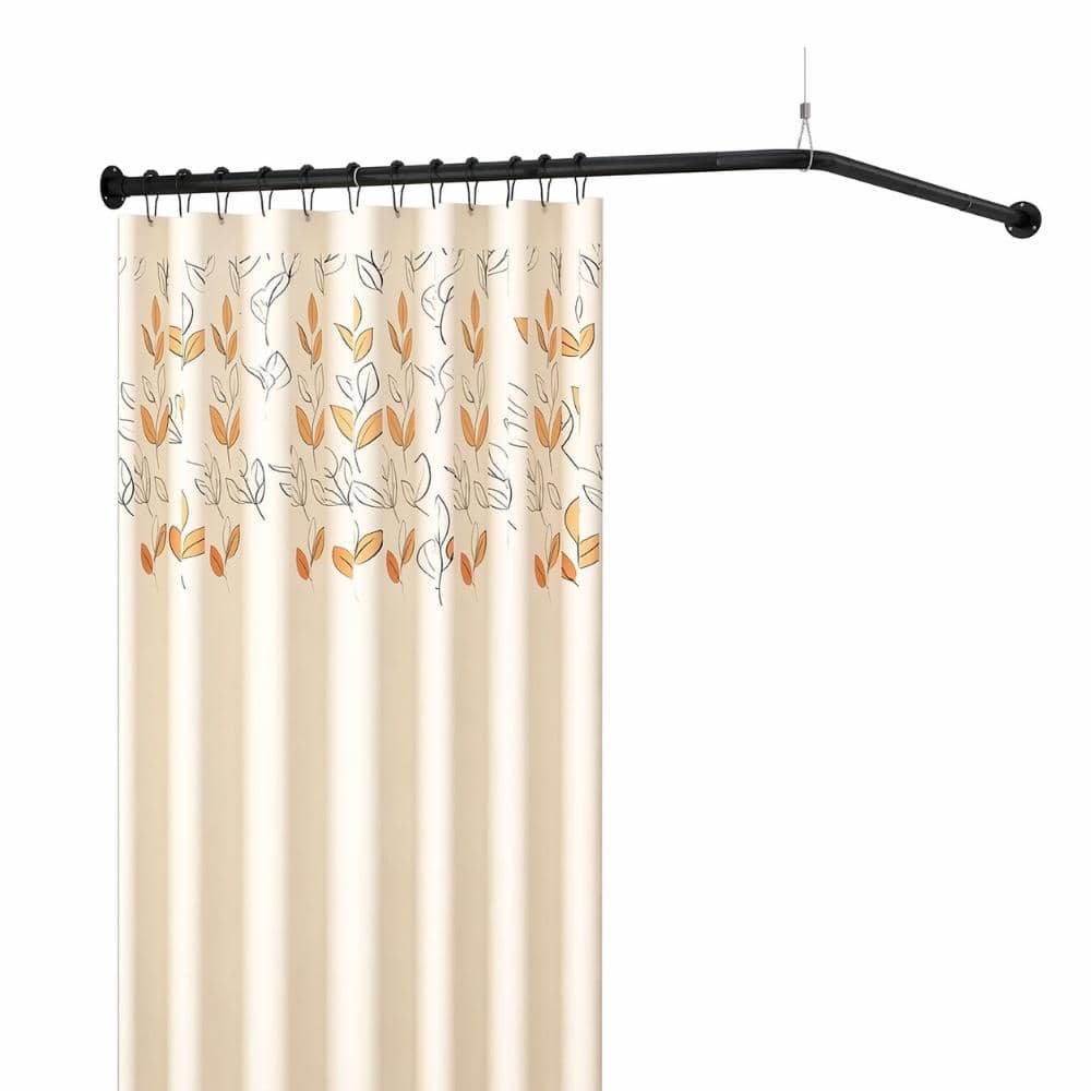 Unbranded L-Shaped 90-Degree Corner Shower Curtain Rod Adjustable 24-53 in. with Ceiling Support and 12 Hooks Black (1)