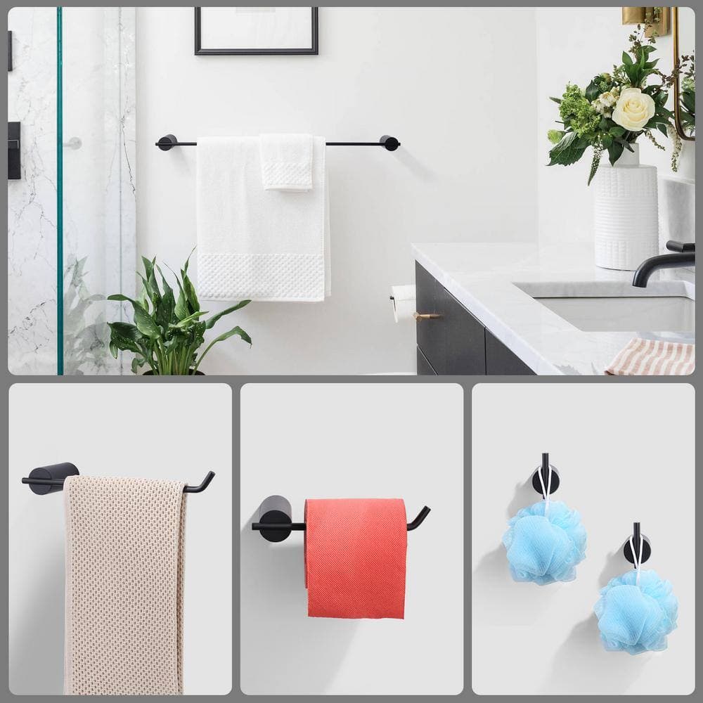 WOWOW Bath Hardware Set Accessory Included Towel Rack&Toilet Paper Holder&Towel Hook Black (2)