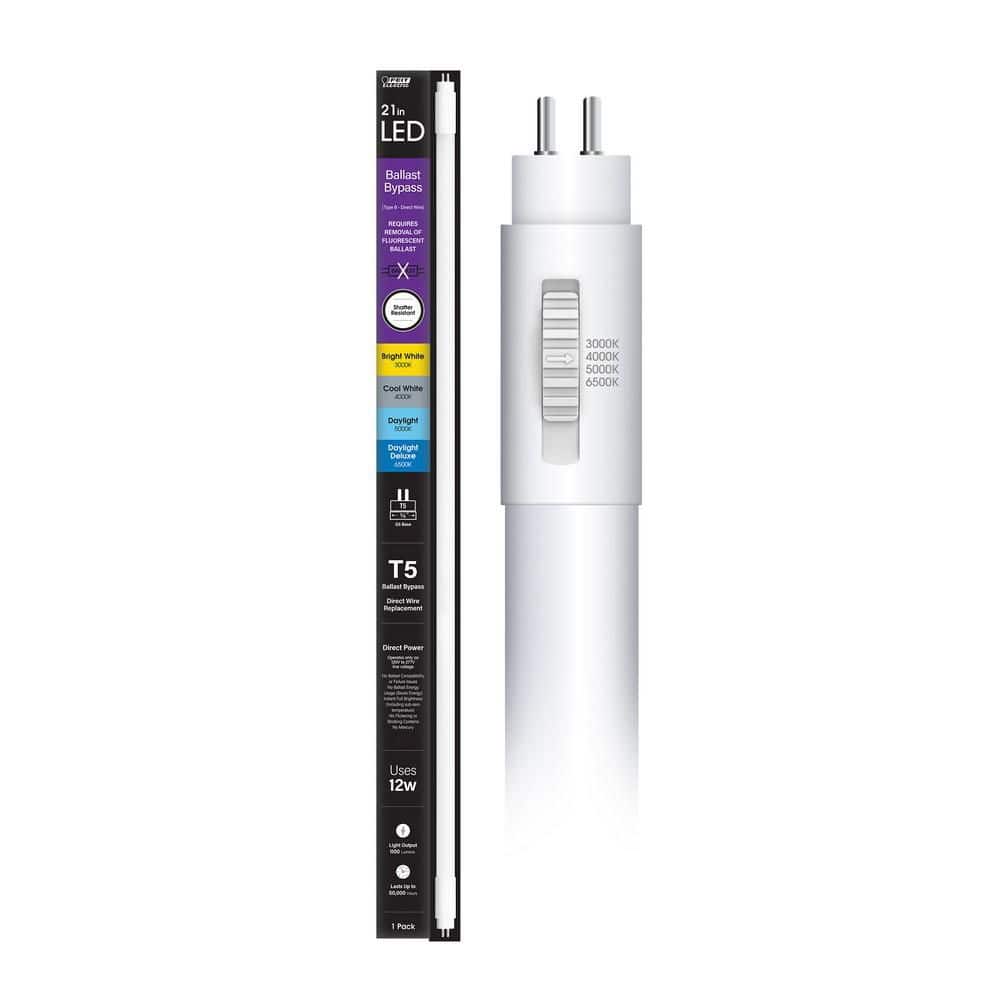 Feit Electric 12-Watt 21 in. T5 G5 Type B Ballast Bypass Linear LED Tube Light Bulb, Selectable White 3000K,4000K,5000K,6500K (1-Pack) (2)