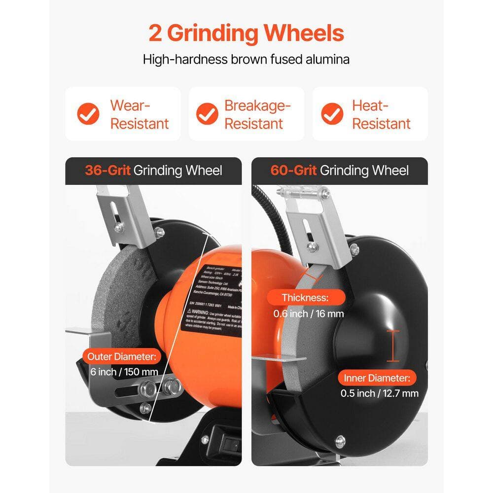 SKYSHALO 6 in. Universal Bench Grinder, Single Speed 2. 1A Brushless Motor 3550 RPM, with 36/80-Grit Wheels, Grinder Stand (3)
