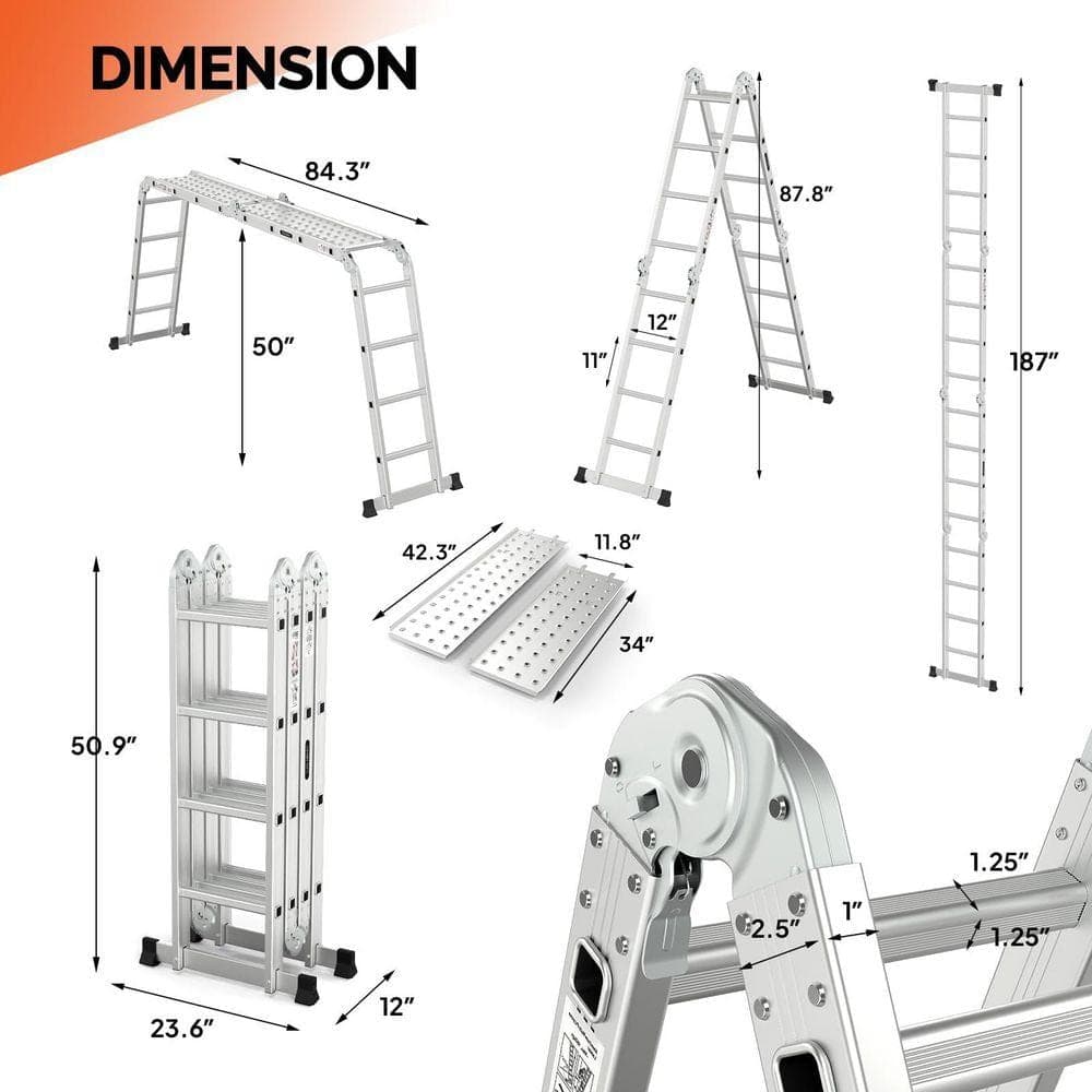 KIWDZFU 15.5 ft. Aluminum Folding Multi-Purpose Ladder 7 in 1 Heavy Duty Combination with Scaffold 330 lbs. 3 Extension Section (2)