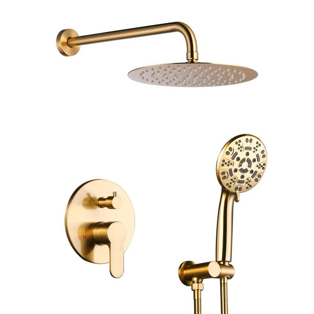 WOWOW Single Handle 9-Spray Shower Faucet 1.8 GPM with 10 in. Shower Head and Functional Handheld in Gold (1)