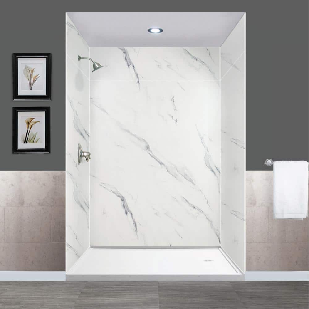 Transolid Expressions 60 in. x 60 in. x 96 in. 4-Piece Easy Up Adhesive Alcove Shower Wall Surround in Bianca (1)