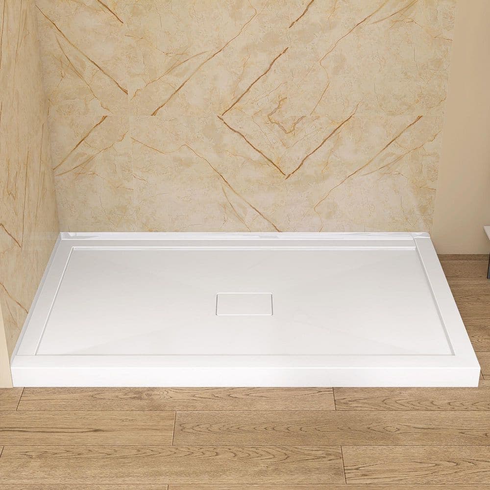 Getpro 60 in. L x 36 in. W Corner Shower Pan Base in White Acrylic Shower Tray with Center Drain Hole and Magnetic Cover (1)