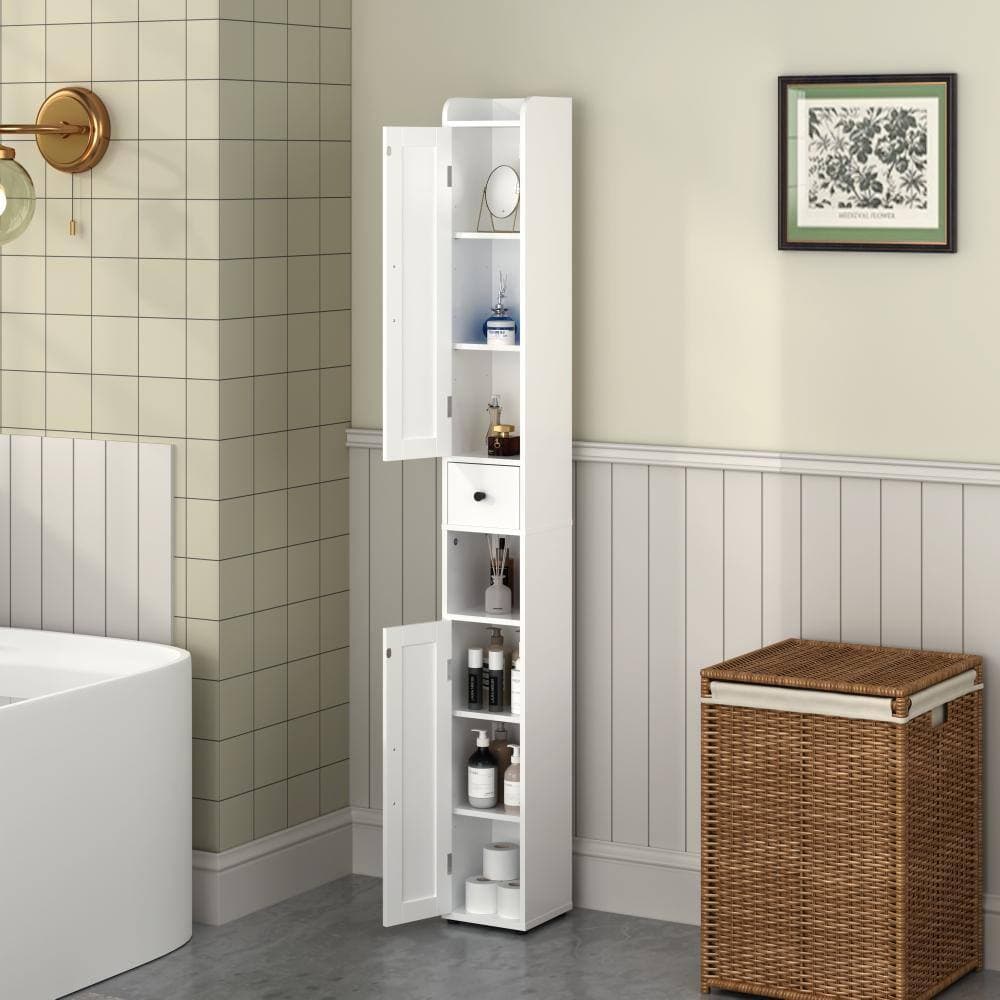 Tileon 8 in. x 68 in. White Linen Cabinet, Freestanding Slim Bathroom Storage Cabinet with Detachable Tissue Holder & 1 Drawer (2)