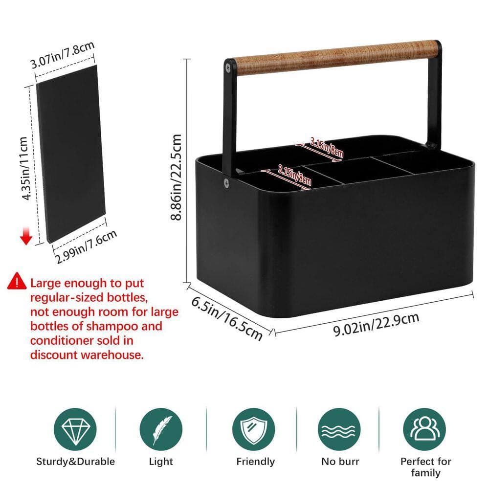Wudkey Bathroom Caddy Organizer with Handle and Adjustable Dividers, Plastic Shower Caddy for Toiletry in Black (2)