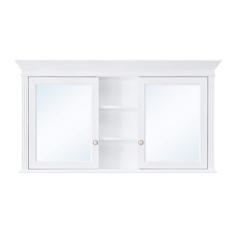 WELLFOR 55 in. W x 30 in. H White Rectangular Wood Surface Mount Medicine Cabinet with Mirror and Shelves, 2 Soft Close Doors (2)