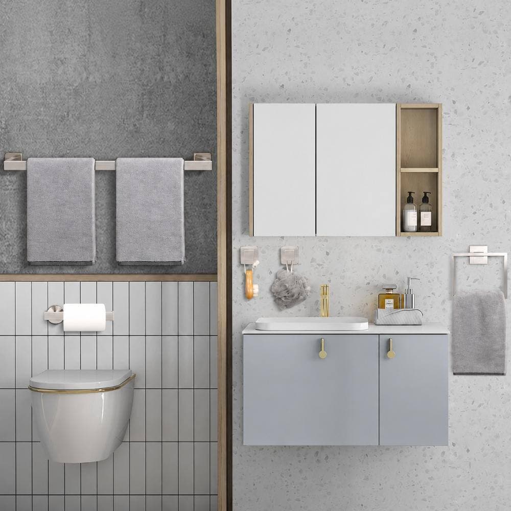 Unbranded 24-in Towel Bar Set with Ring, TP Holder and 2 Robe Hooks in 304 Stainless Steel, Square Brushed Nickel (3)