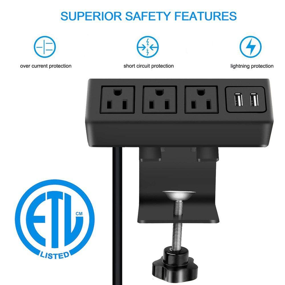 Lukyamzn 6 ft. Extension Cord 3-Outlet Desk Clamp Power Strip Surge Protector in Black with USB Ports (2)