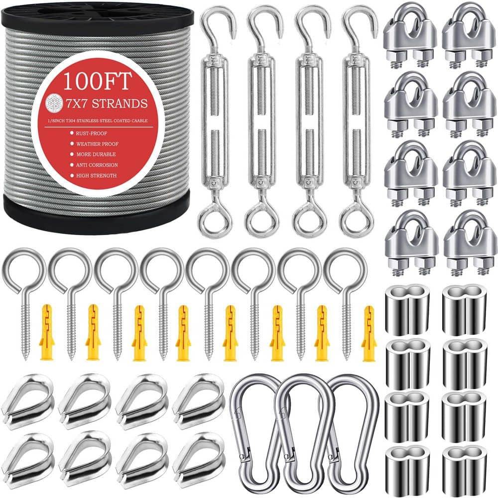Laybus 1/8 in. x 100 ft. Wire Rope, 304 Stinless Steel Cable with M5 Turnbuckle-Gardening, Picture Hanging, Clothesline Wire (1)