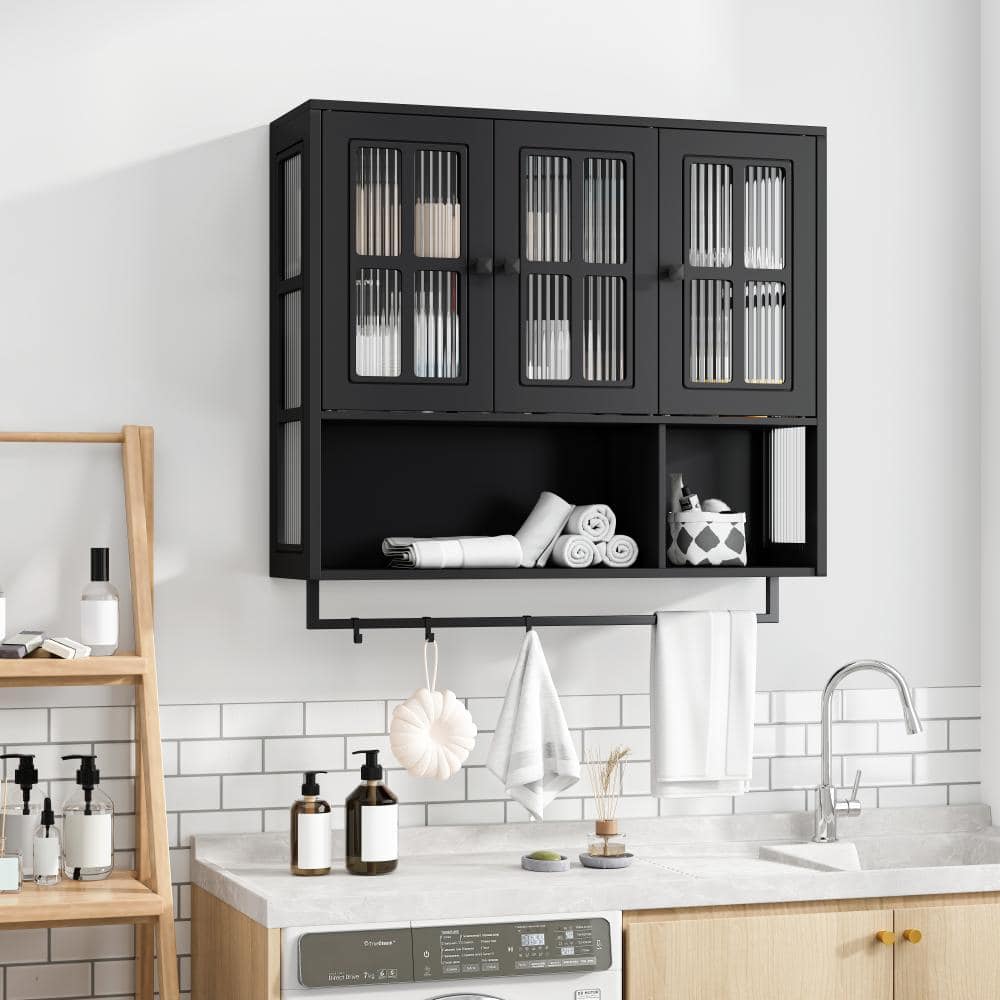 Flynama 3-Door Wooden Wall Cabinet, Glass Door & Towel Bar, Mixed Storage Space For Multi-Room Use, Black (2)