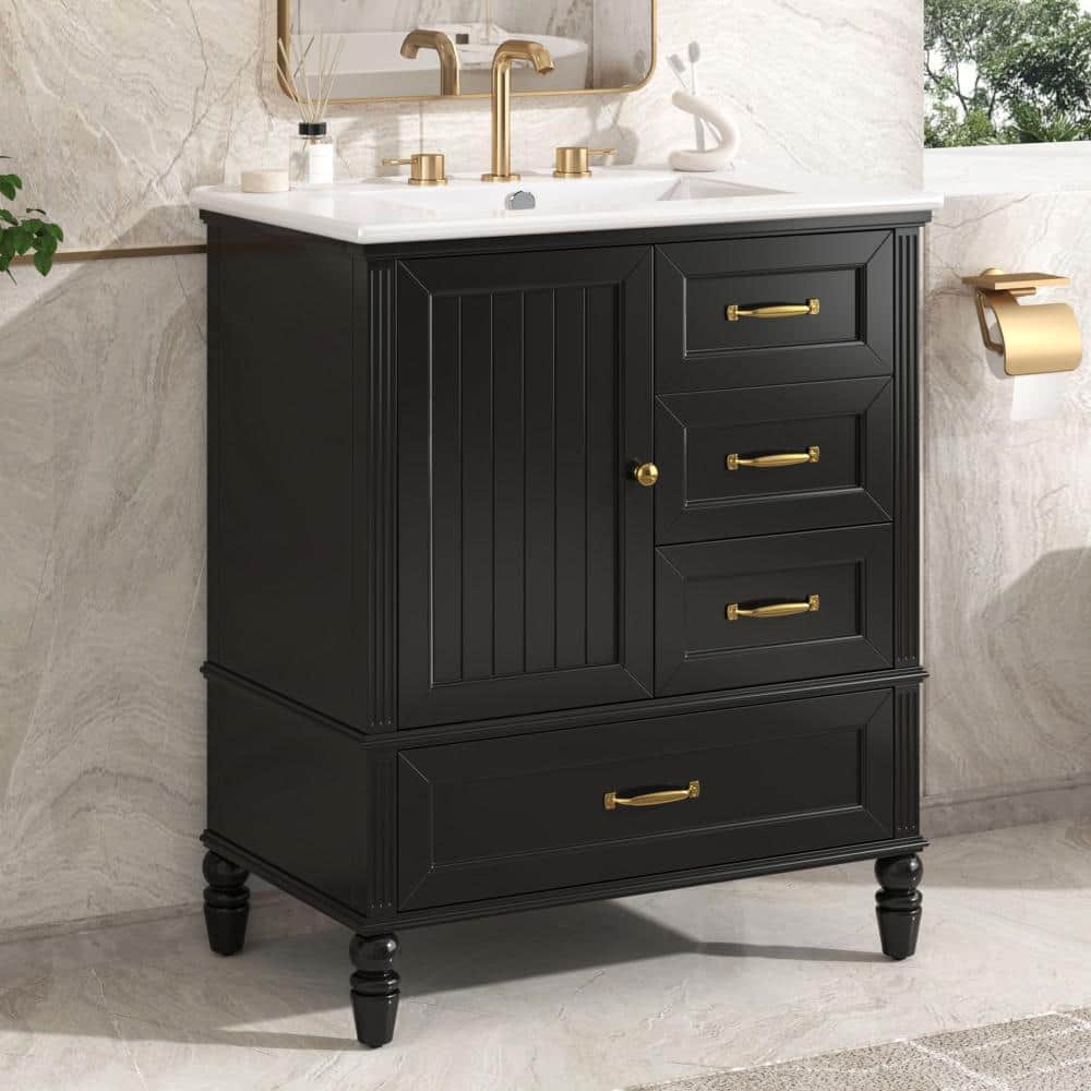 Flynama 30" Black Vanity Sink,1 Door+3 Drawers,Wood Legs & Adjustable Foot Pads (1)