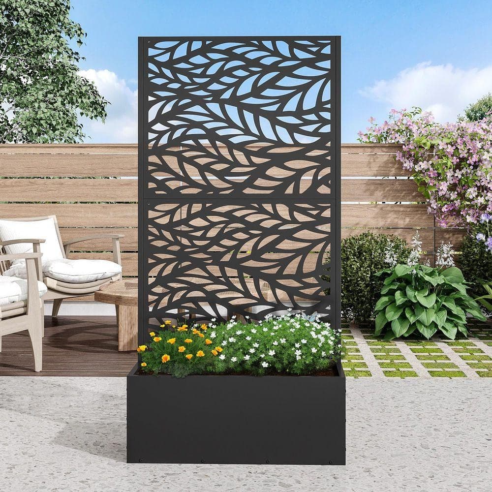 Lirago 59 in. H x 30 in. W Rectanglar Black Outdoor Metal Privacy Screen Planter Box Wall Decor (2)