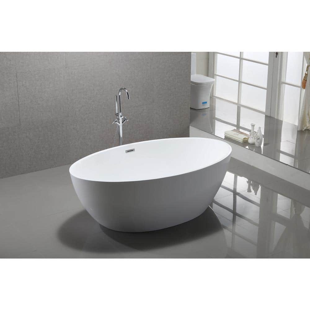 Bellaterra Home Enna 64.9 in. x 35.4 in. Acrylic Flatbottom Freestanding Soaking Bathtub in Center Drain in Glossy White (2)
