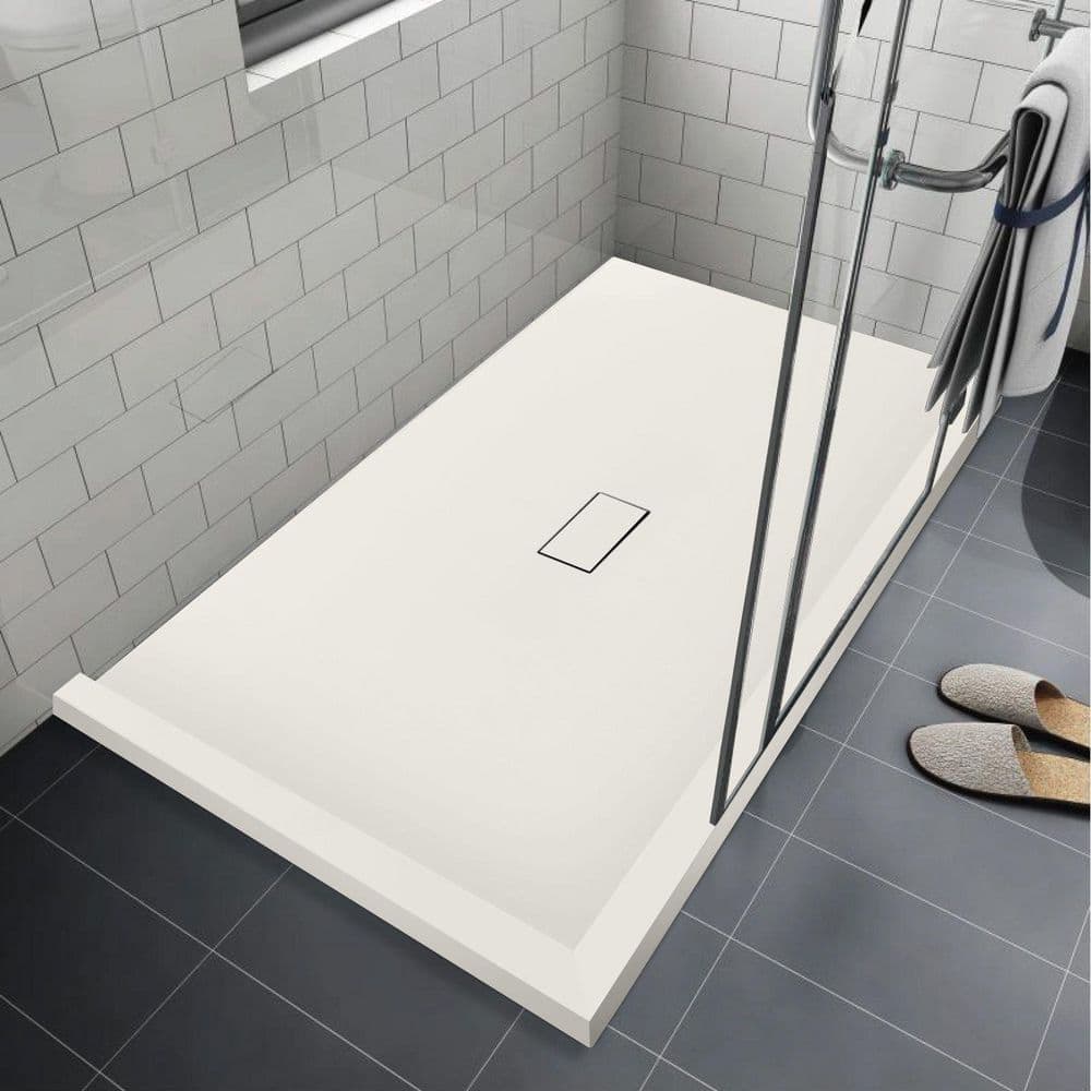 Transolid Trimslate 63 in. L x 39.4 in. W Corner Shower Pan Base with Center Drain and Double Threshold in Cameo (1)