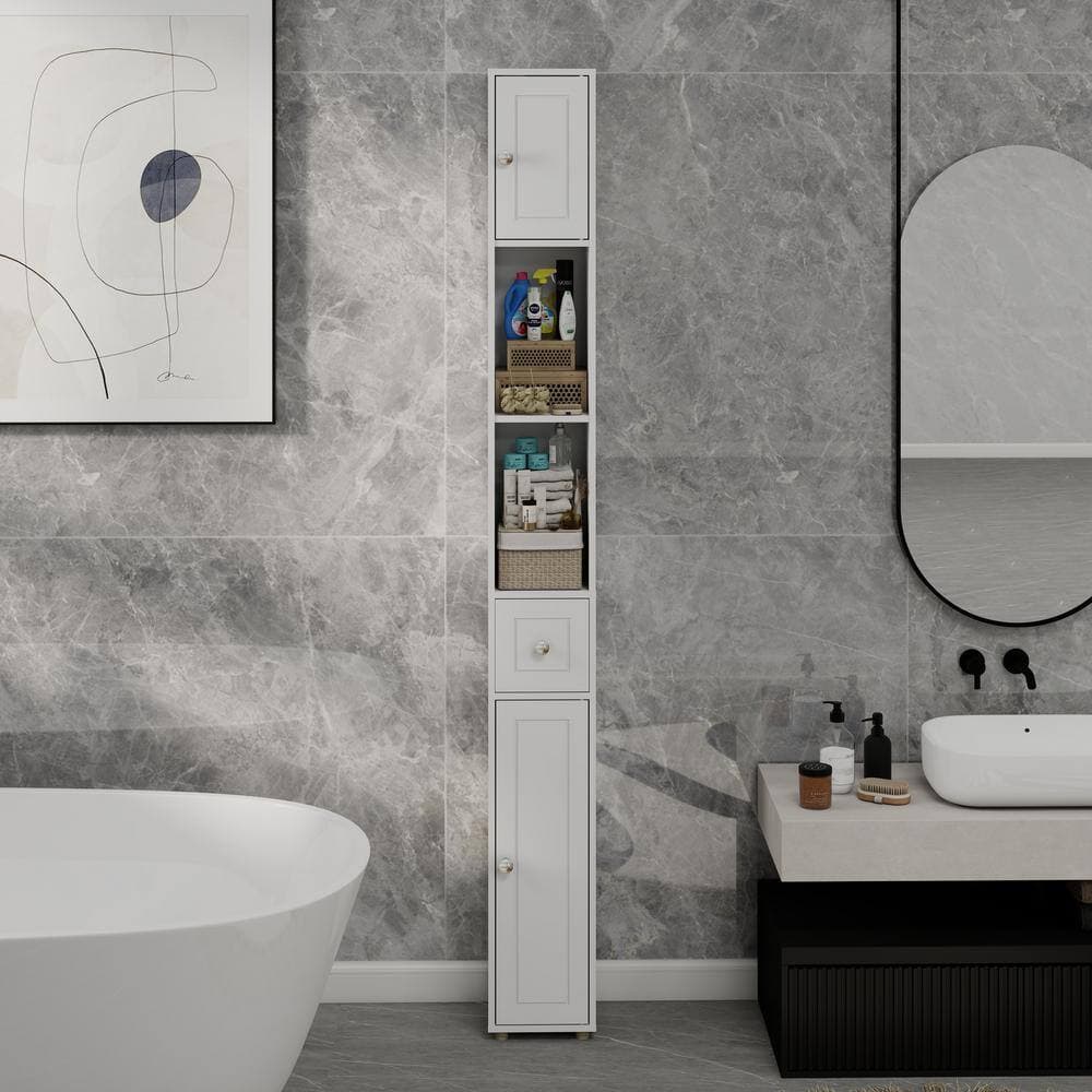 Tenleaf 7.87 in. W x 7.87 in. D x 70.87 in. H White MDF Freestanding Linen Cabinet with 4 Adjustable Shelves and 1 Drawers (2)