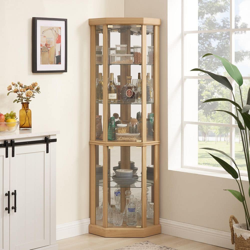 COWLOWN 16.5 in. W x 16.5 in. D x 69.84 in. H Brown Corner Glass Linen Cabinet Corner Display Case (1)