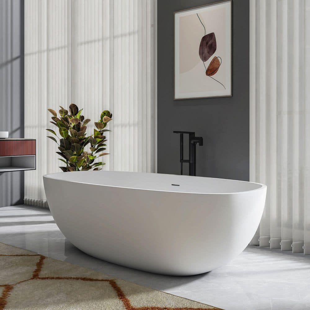 AVAXA 67 in. x 30 in. Solid Surface Stone Resin Flatbottom Freestanding Bathtub Soaking Bathtub in Matte White (3)