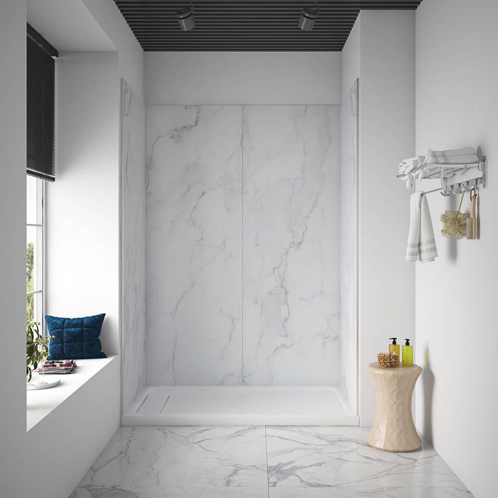 OVE Decors Arroyo 59.69 in. W x 80 in. H x 31.3 in. D 4-Piece Glue-Up Corner Shower Surrounds in Carrara Finish