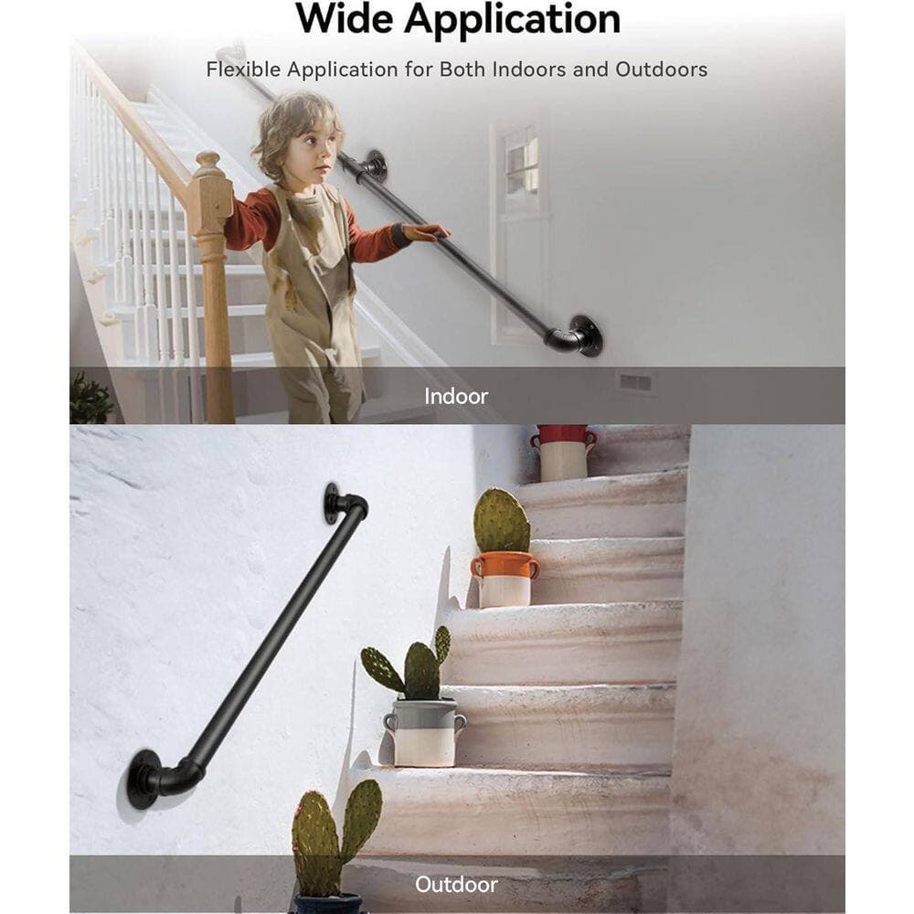 Afoxsos Black Galvanized Metal Handrail 6 ft. Indoor Outdoor Industrial Iron Stair Rail Safety Grab Handle (3)