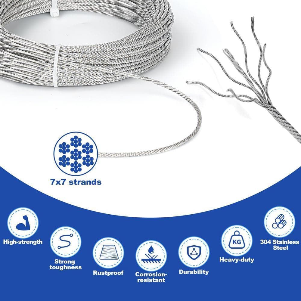 Angel Sar 100 ft. 1/8 in. Stainless Steel Wire Rope Kit, M6 Turnbuckle Wire Tensioner Kit for Cables Wire Strings Light Kit (3)