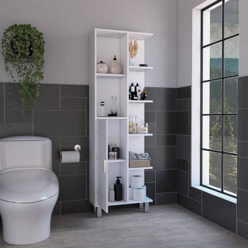 Tahanbath 20.90 in. W x 8.30 in. D x 63 in. H White Wood Freestanding Linen Cabinet w/7-Open Shelves and Door in White (2)