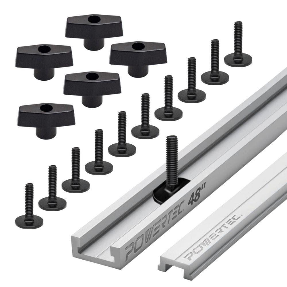 ‎POWERTEC 48 in. Miter T-Track with Miter T-Bar, 1/4 in.-20 x 1 in. Long Miter T-Bolts (10PK) and 1/4 in.-20 T Knobs (5PK) (1)