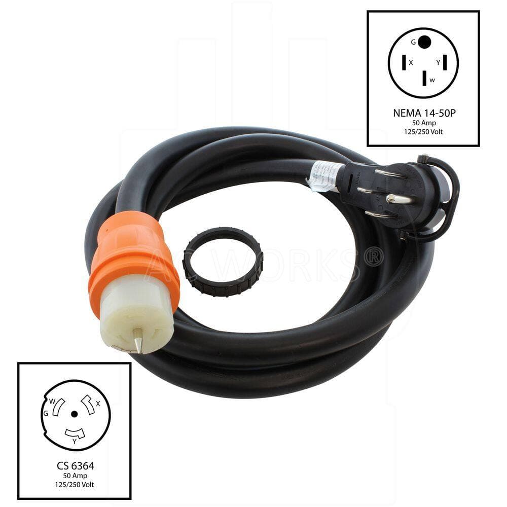 AC WORKS 25 ft. 6/3+8/1 4-Prong STW Indoor/Outdoor 14-50P to CS6364 50A Transfer Switch Power Cord With Power Indicator in Black (2)