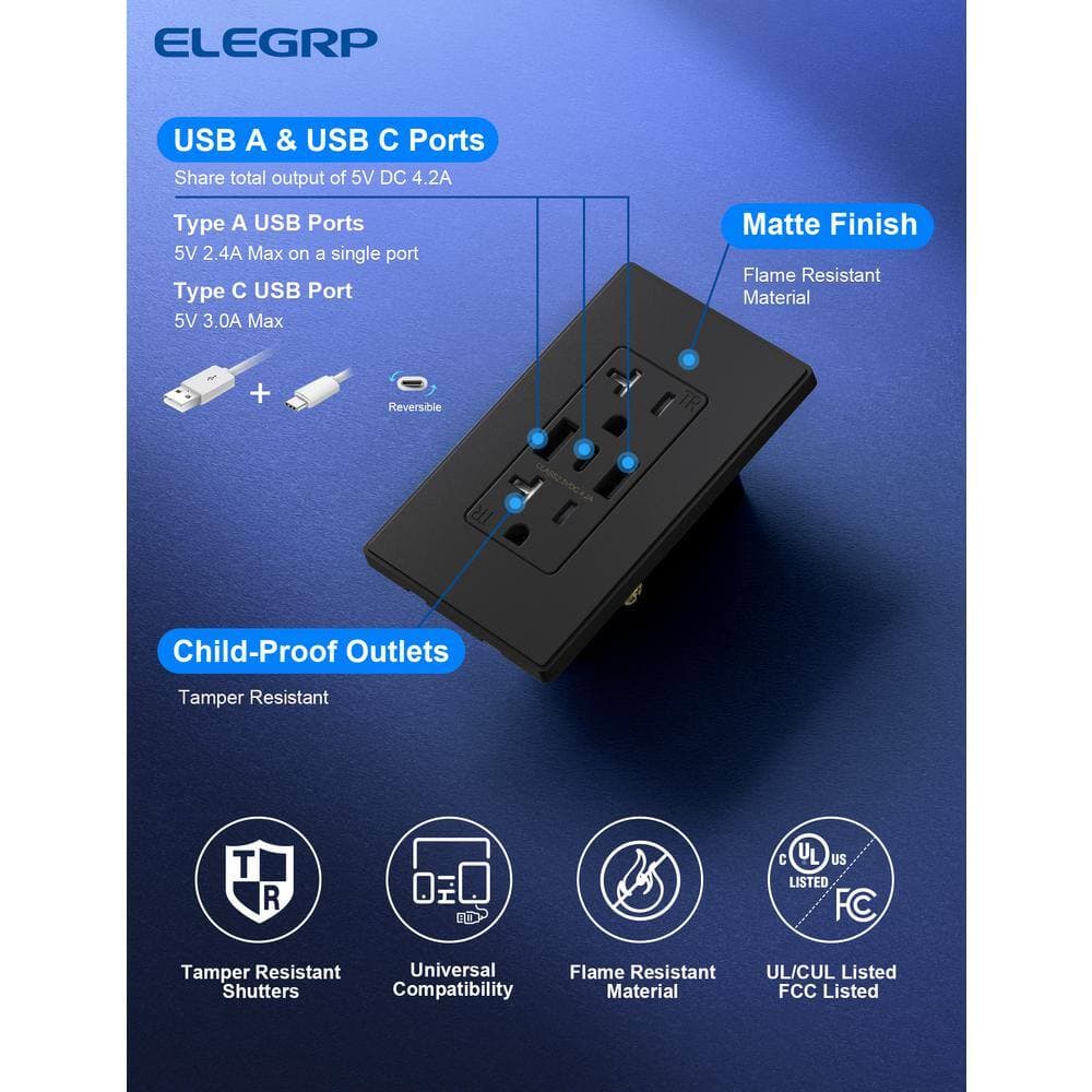 ELEGRP 21W USB Wall Outlet w/Dual Type A and Type C USB Ports, Tamper Resistant Outlet, w/Wall Plate (2)